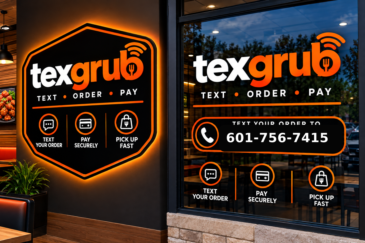 TexGrub restaurant sign displaying the customer ordering number 601-756-7415